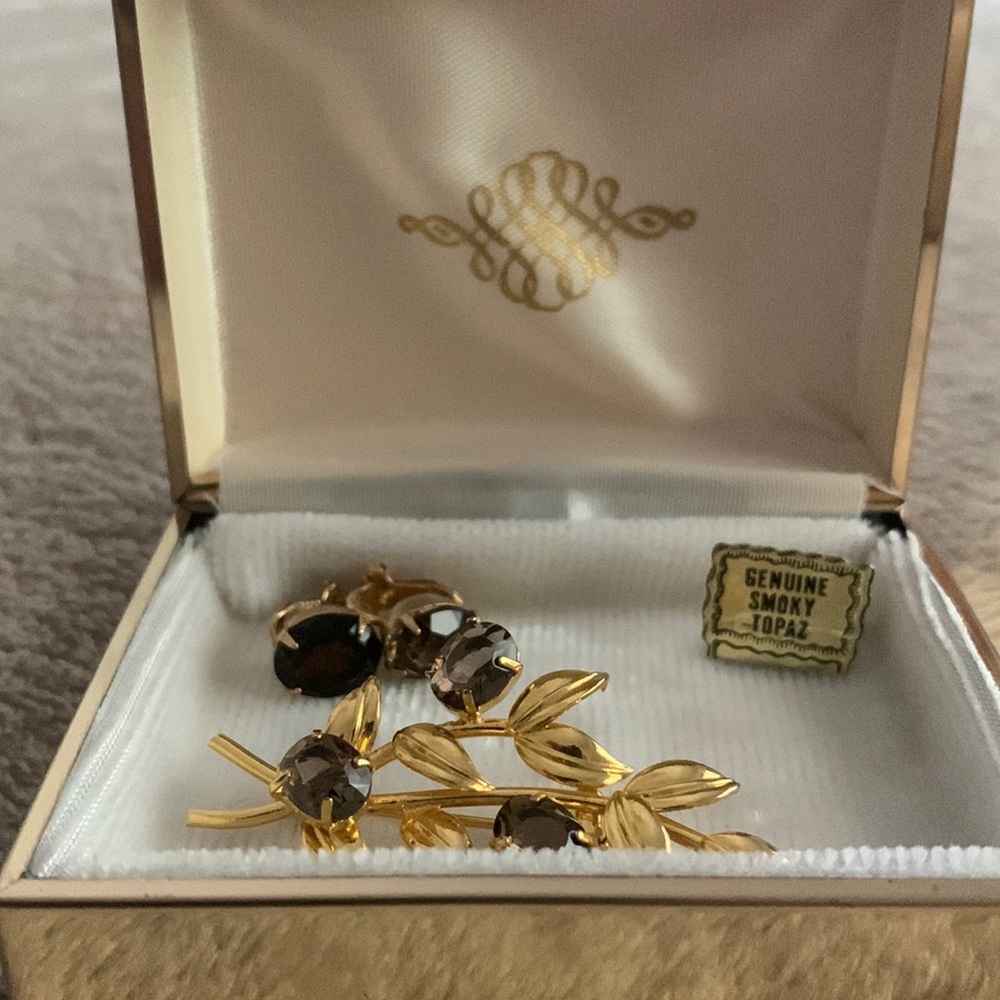 Vintage, smoky, quartz, petite clip earrings, and pin/brooch